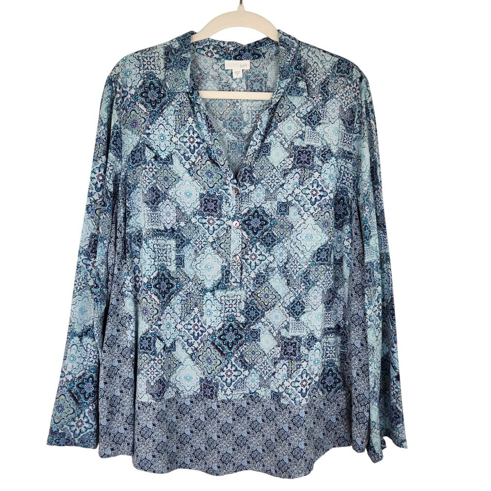 J. Jill Blue Floral Bohemian Blouse Women's XL Abalone Buttons Boho Career wear